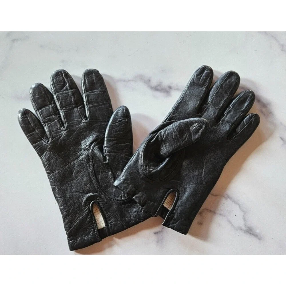 Vintage Womens‎ Hand Gloves Size 7 Black Soft Leather Full Finger Lined 1960s